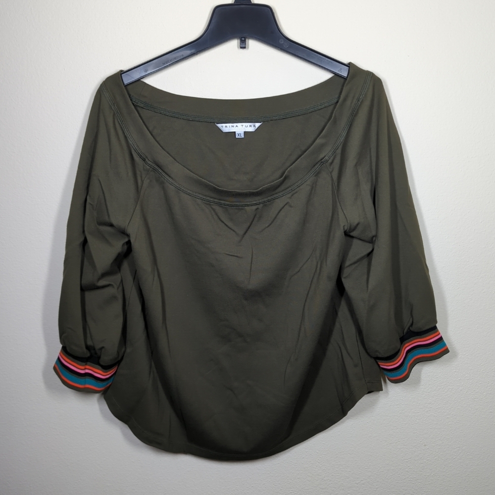 Trina Turk Livia Top Boat Neck Pullover Shirt 3/4 Sleeve/Olive Green Size XL